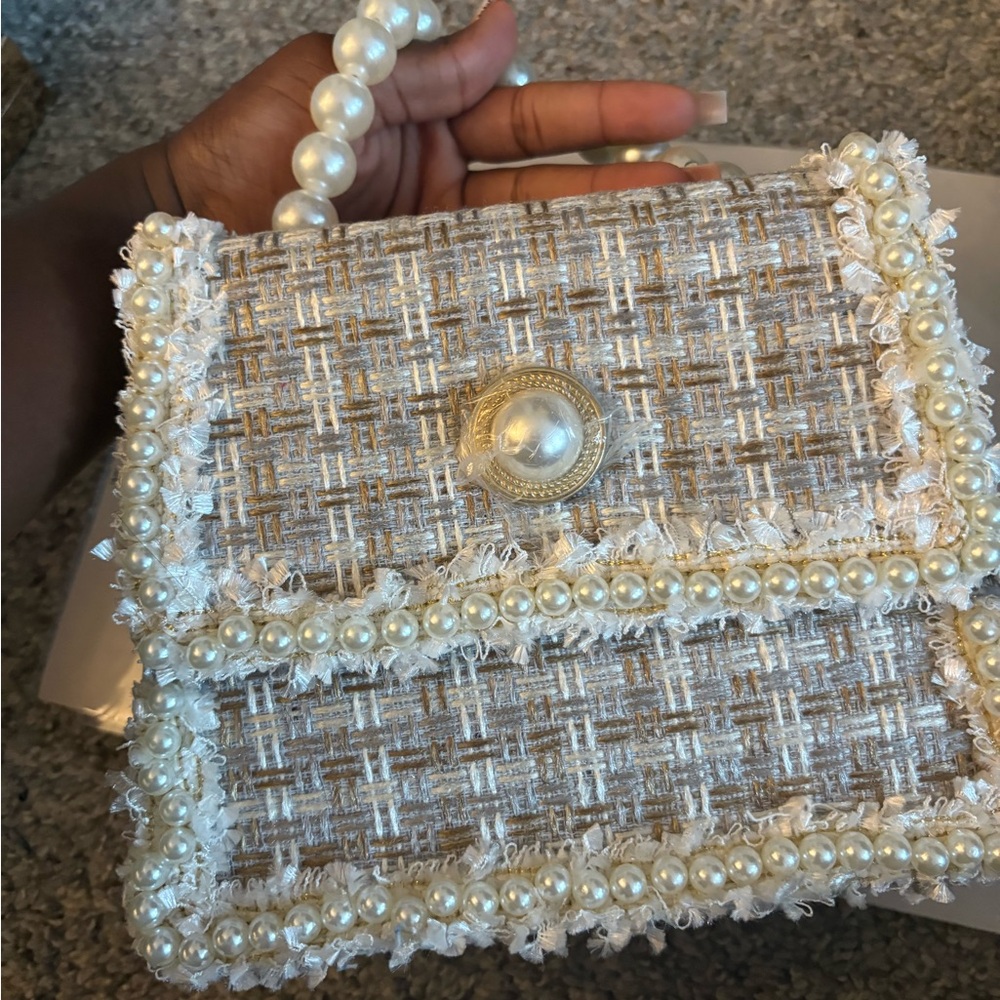 Pearl-Embellished Tweed Mini Bag